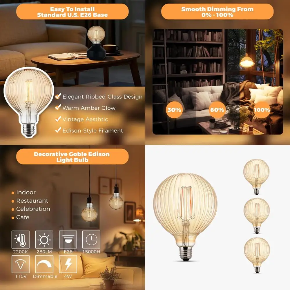 

4 светодиодные лампы Эдисона с регулируемой яркостью, большой янтарный колпак, нити накаливания типа «летучая мышь», цоколь E26, 2200K, теплый свет, набор из 4 штук для декора интерьера