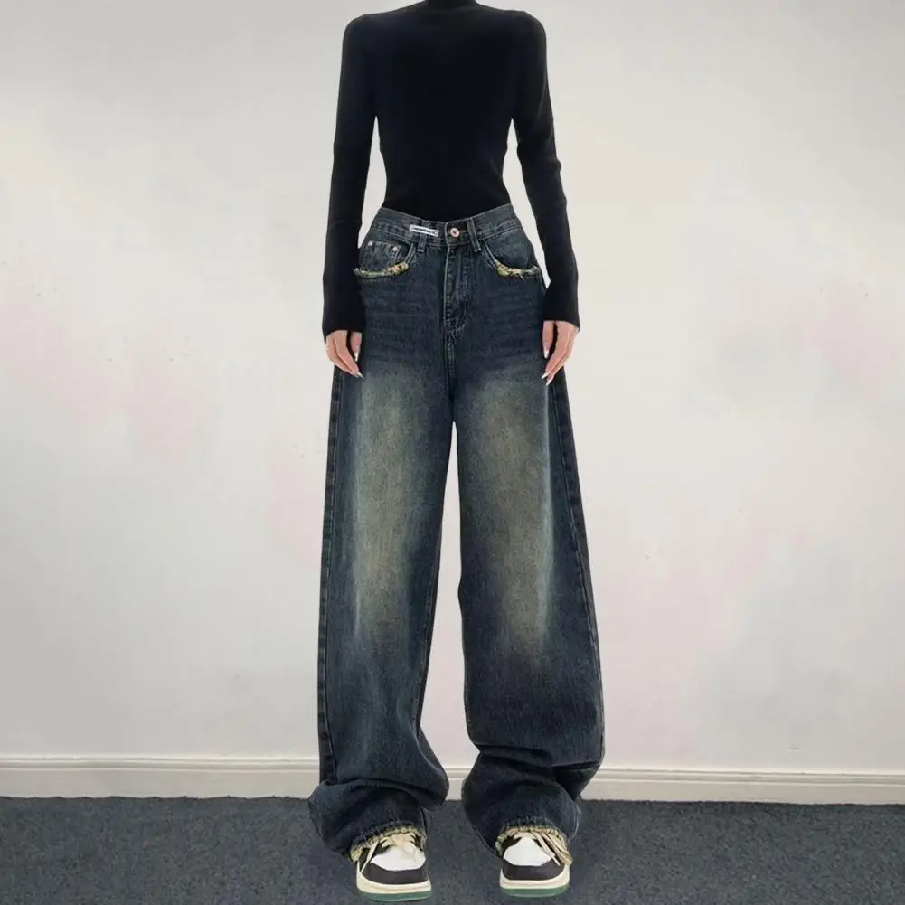 Women Jeans Wide Leg Floor Length Loose Denim Trousers Vintage Hip Hop Streetwear Deep Crotch Pockets Straight Long Pants