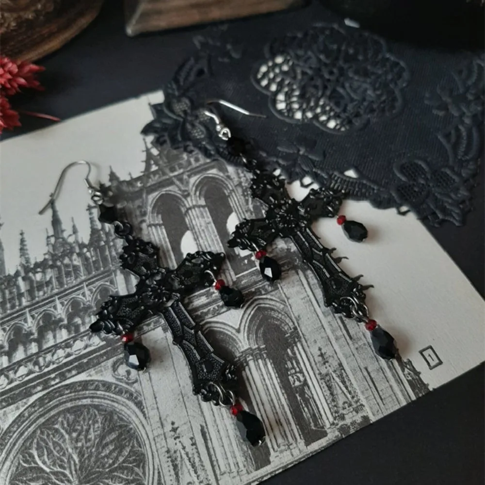 Gothic Darkness Hollowed-out Cross Black Teardrop Tassels Dangle Earrings for Women Hallowmas Party Personality Jewelry Gifts