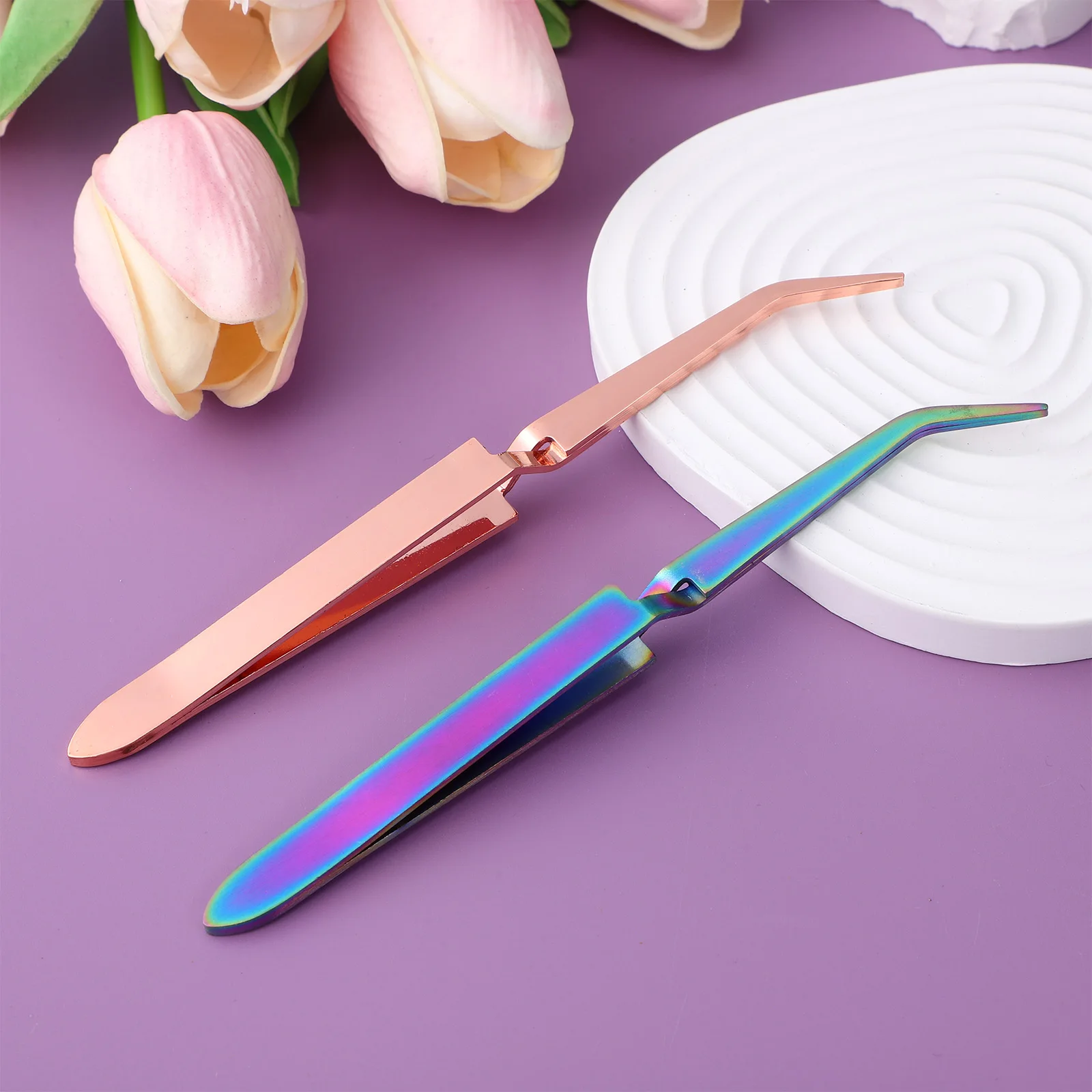 

2 Pcs Nail Shaping Tweezers Stainless Steel Rose Gold Titanium Angled Tips Manicure Tools Gel Nail Clamps Precision