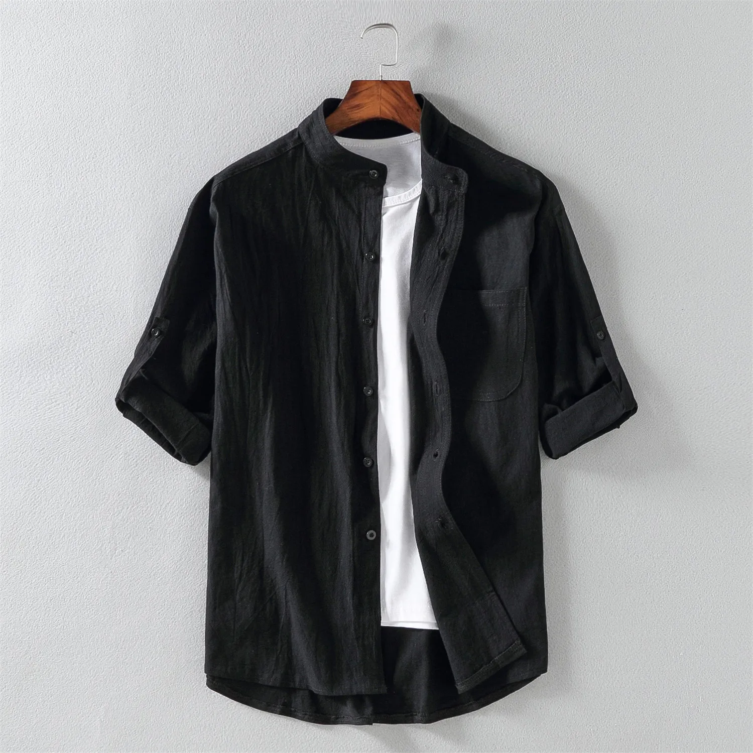 Camisa de linho de algodão manga curta masculina, cor sólida, gola alta, casual, social, alta qualidade, primavera, verão, novo