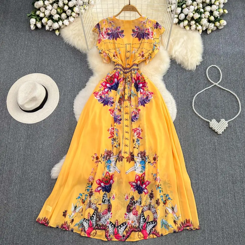 Robe Maxi en mousseline de soie jaune style bohème, col en v, manches volantes, simple boutonnage, imprimé floral, vêtements de vacances, N1969