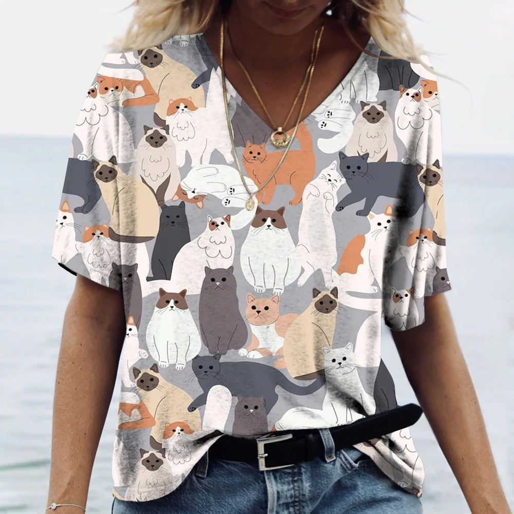 Camiseta con estampado de gato de dibujos animados para mujer, camiseta informal de manga corta con cuello en V Kawaii, ropa femenina divertida de