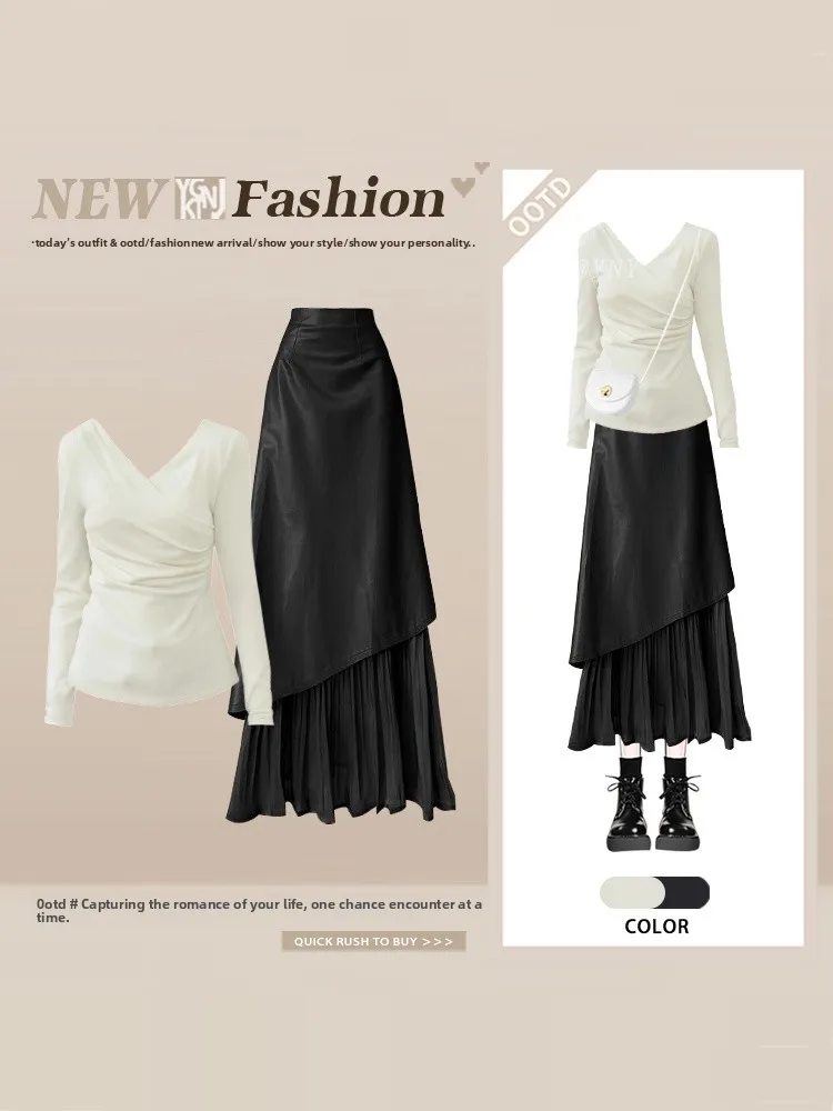 

White V-ne Long Sve Bodycon Top Spring Faion Set with Mid-length Skirt Pure Color Base Layer Women's Two-piece Suit