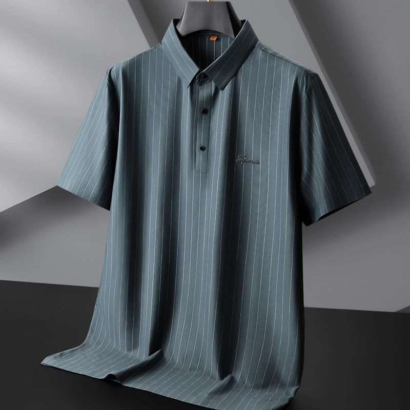 8XL 7XL 6XL New Summer Ice Silk Breathable Mens Polo Shirts Short Sleeve Lapel Striped T-shirts Men Oversize Loose Male Clothing