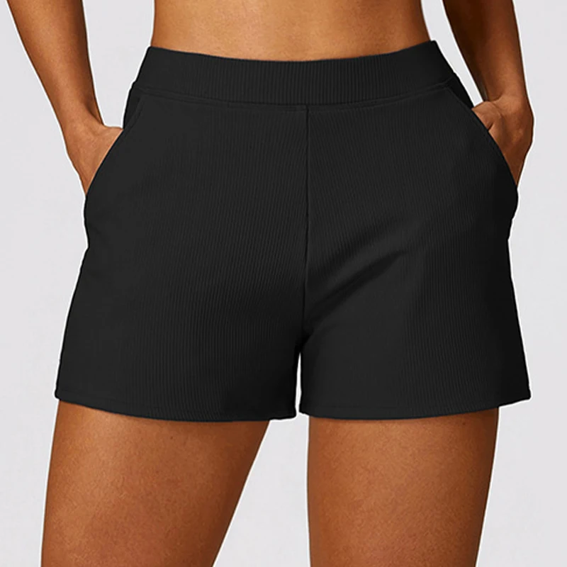 Ribbing Yoga Shorts Casual Sports Shorts Women Pockets Gym Running Pants Women Workout Loose-fitting Shorts Female Yoga Clothing