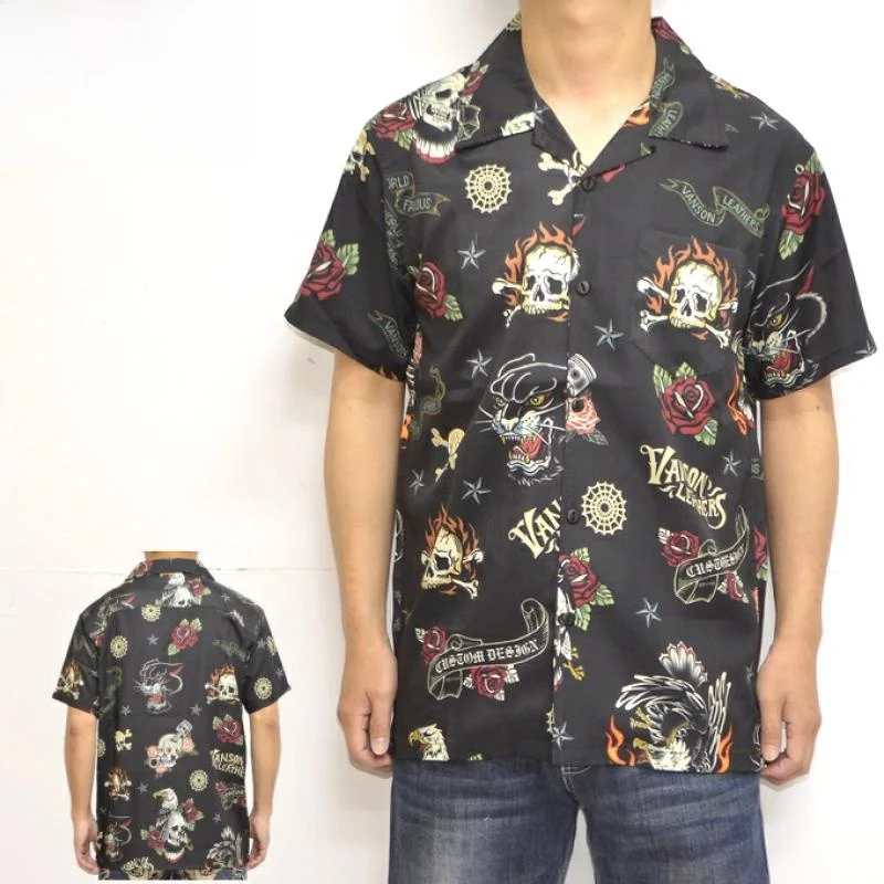 

Classic Skull Eagle Tattoo Motorcycle Short Sleeve Shirt Cuban Collar Youth Fashion Summer Polyester Fiber No Iron Treatment
