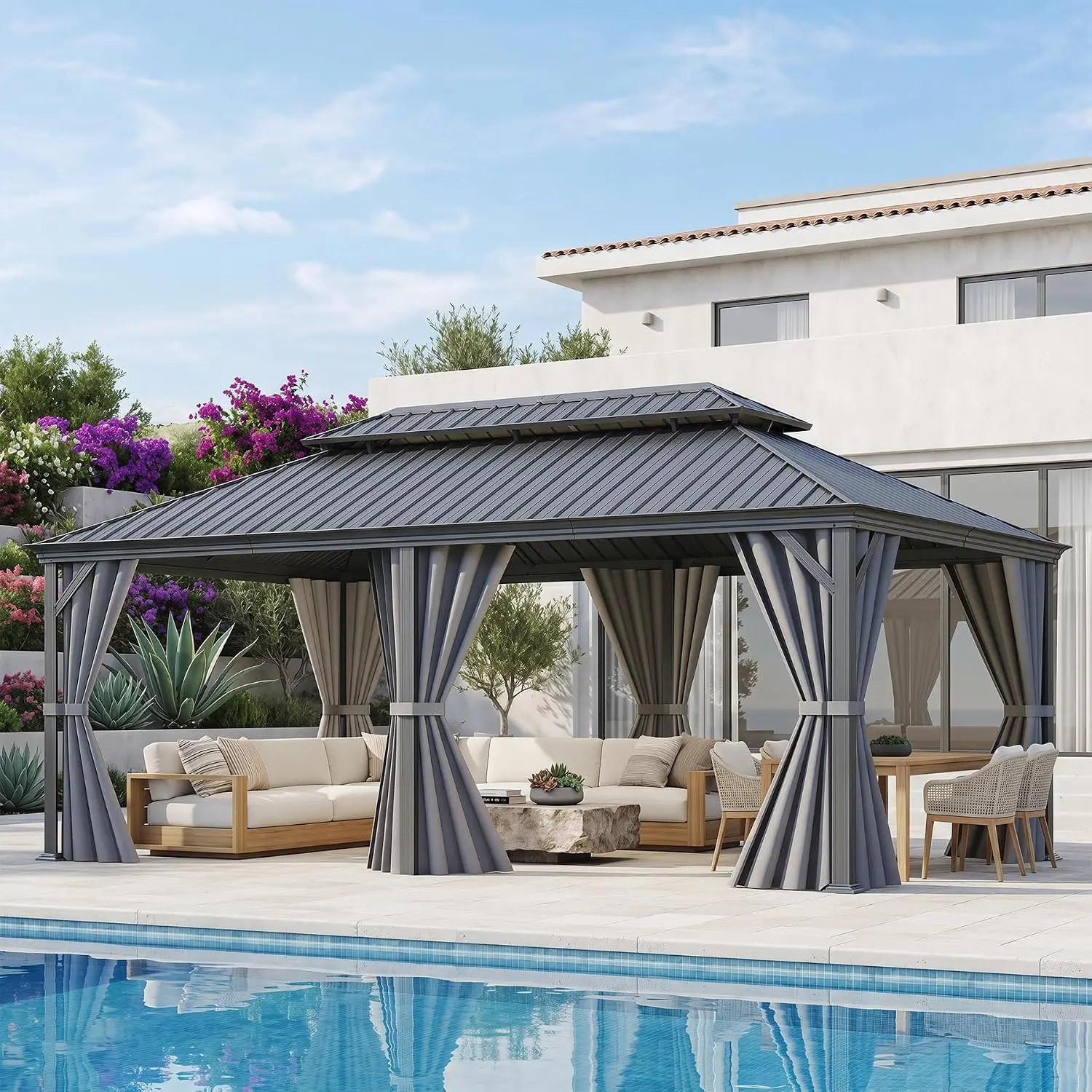 Domi 14'x24' Outdoor Gazebo, Hardtop Gazebo with Aluminum Frame, Heavy Duty Pavilion Gazebo for Patio Deck Backyard,Curtain and