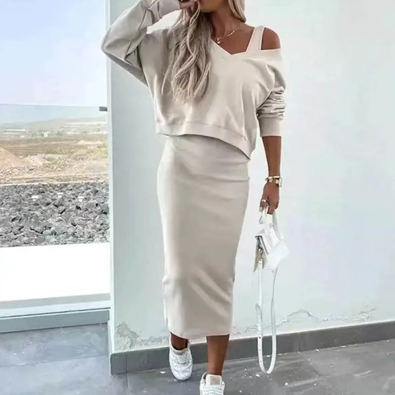 

Spring Autumn Women's Soild Tracksuits Knit Sweater And Sleeveless Dress Two-piece Set