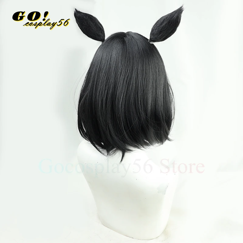 Peluca de Cosplay Derby Eishin Flash para mujeres y niñas, cola de orejas, pelo corto y liso negro, nuevo juego de rol Idol