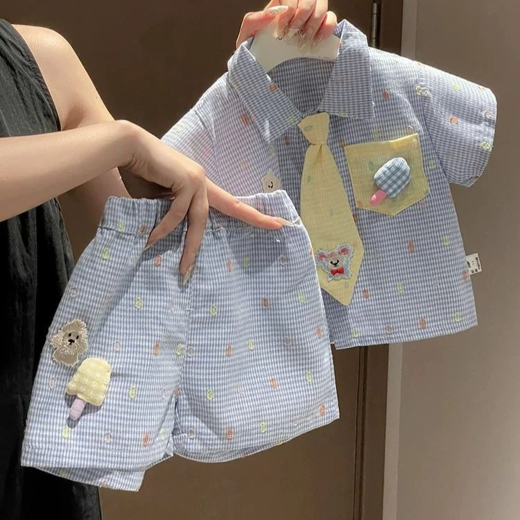 Boys Suit 2026 Spring and Summer New Children's Clothing Korean Style Boys Baby Plingham Cartoon Cute Shirt Shorts Two Sets