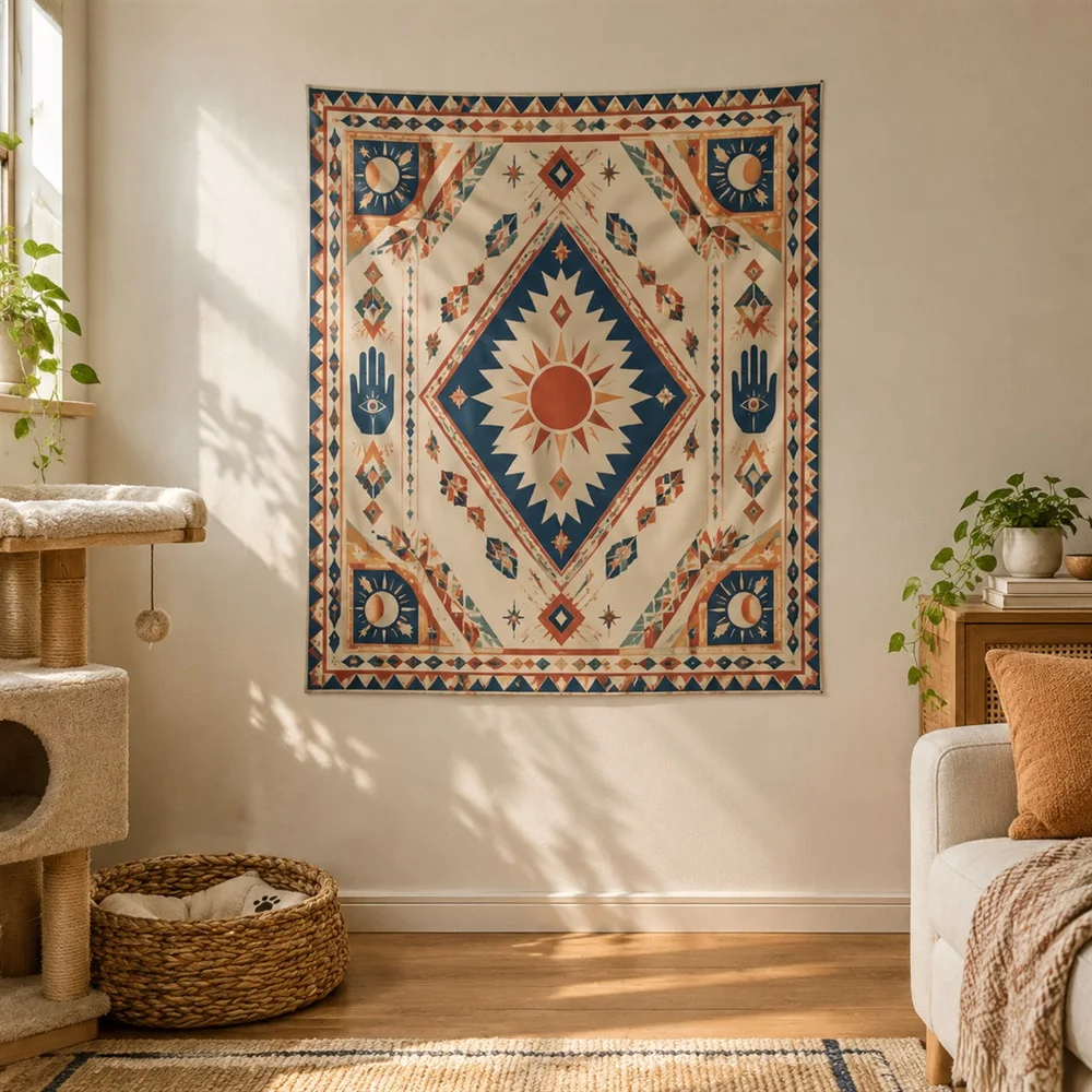VIKAMA Diamond Mandala Tapestry Corner Motif Tapestry Wall Hanging, Bohemian Wall Decor Tapestries for Bedroom Nursery Kids Room
