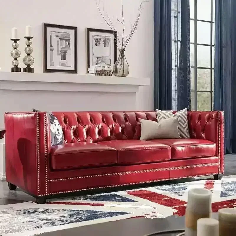American old leather small apartment light luxury retro red rivets simple hotel buckle combination double triple sofa