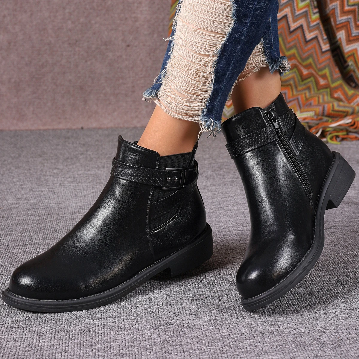 Botas de tacón cuadrado para mujer, botines concisos con cremallera, zapatos modernos y cálidos para exteriores, primavera y otoño