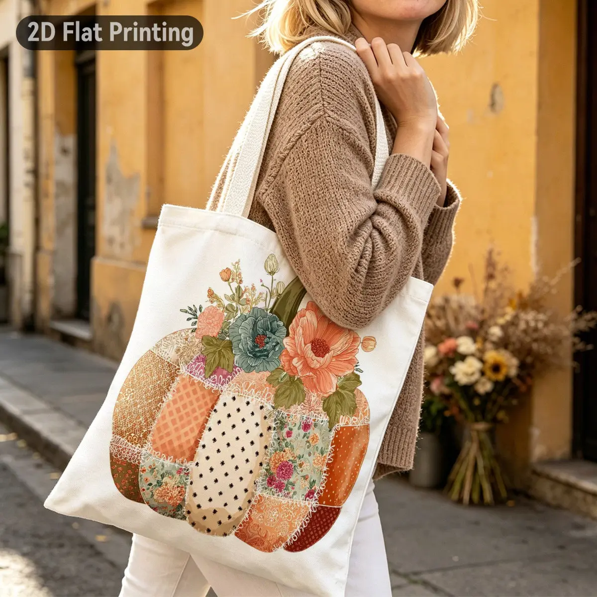 Boho Patchwork Pumpkin And Floral Durable Tote Bag, Duplex Prints Quilted Pumpkin with Flowers, Ideal for Grocery Shopping Bag