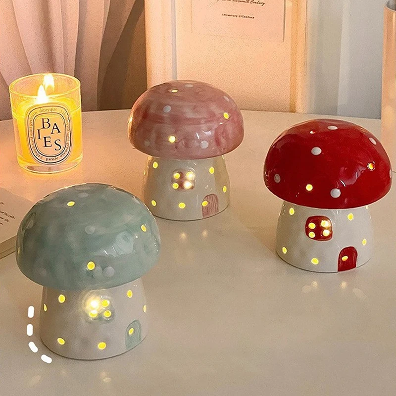 Creative Mushroom Small Night Lamp Bedside Light Home Decoration Ceramic Cute Mushroom Night Light Birthday Gift