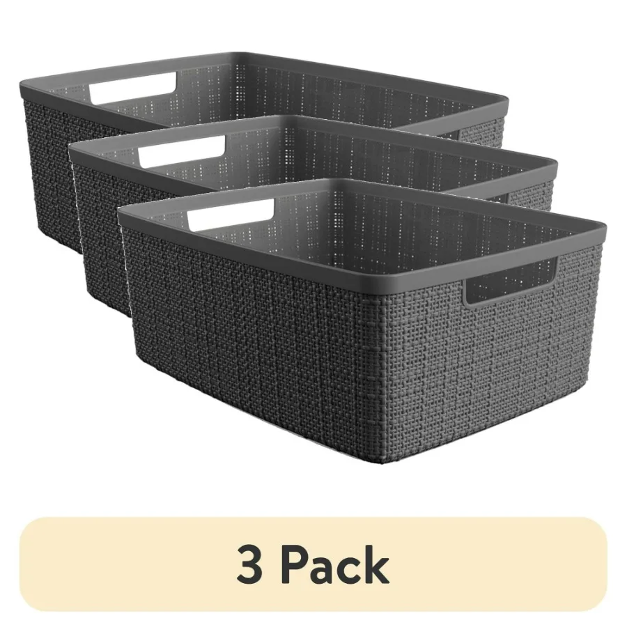 

3 pack Curver Jute Medium Grey Plastic Storage Basket