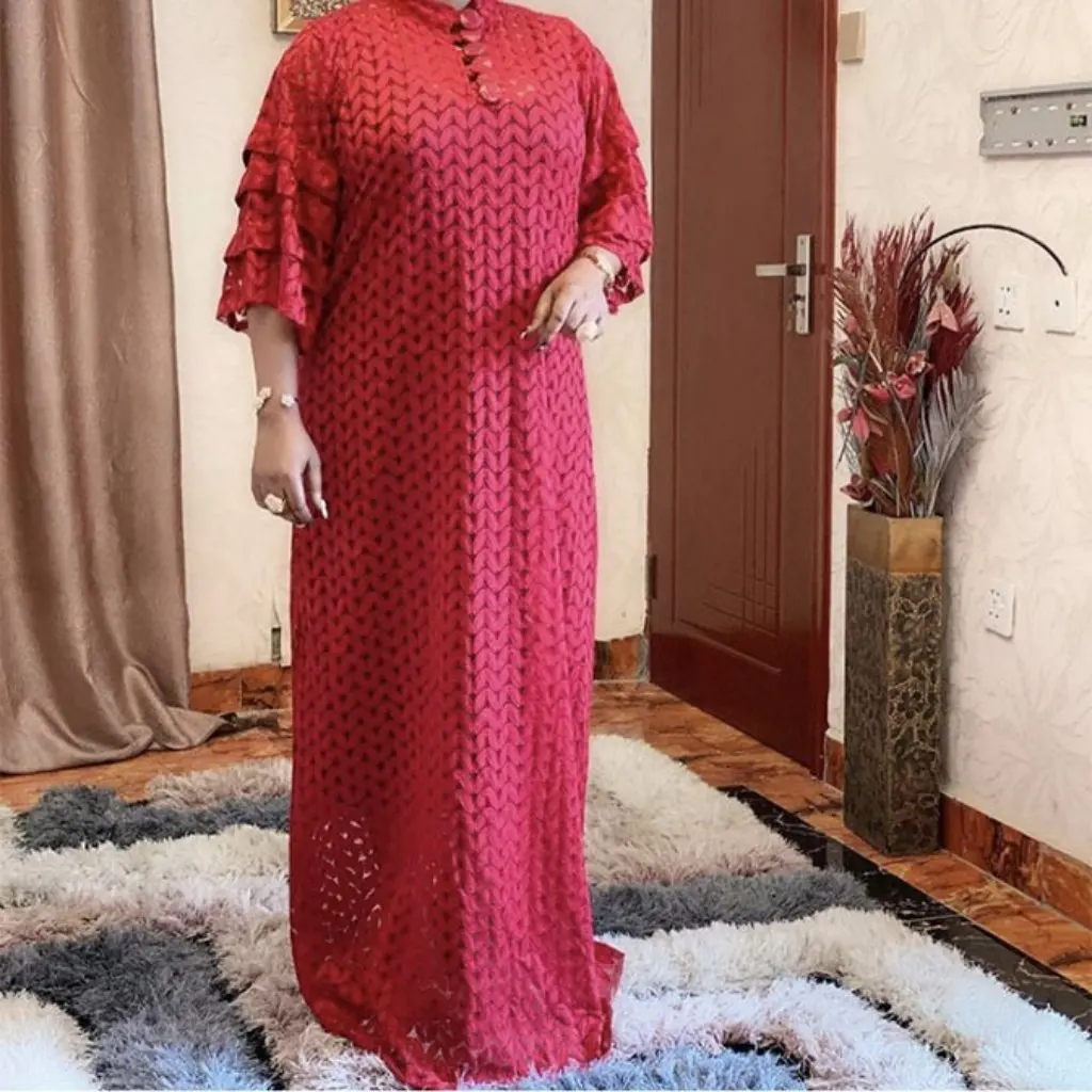 Afrikanischer Damen-Rock, modisch, gerade, Spitze, lockerer langer Rock mit Glockenärmeln, kleiner Stehkragen, Kleidversorgung, Juni Factory