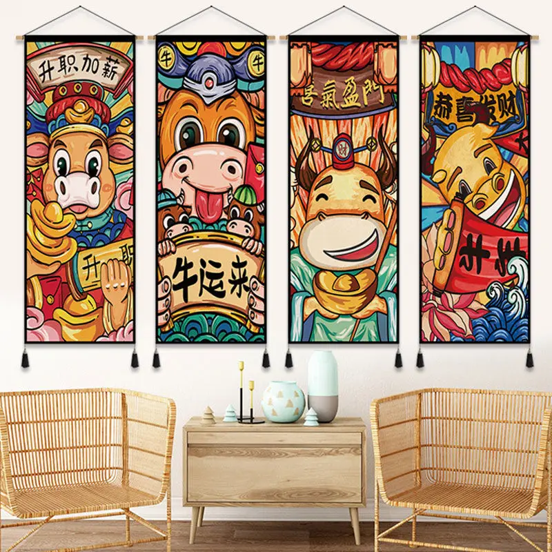 Chinese Cartoon Fabric Art Hanging Picture Middle Hall Living Room Decoration Tapestry Homestay Background Wall Decoration