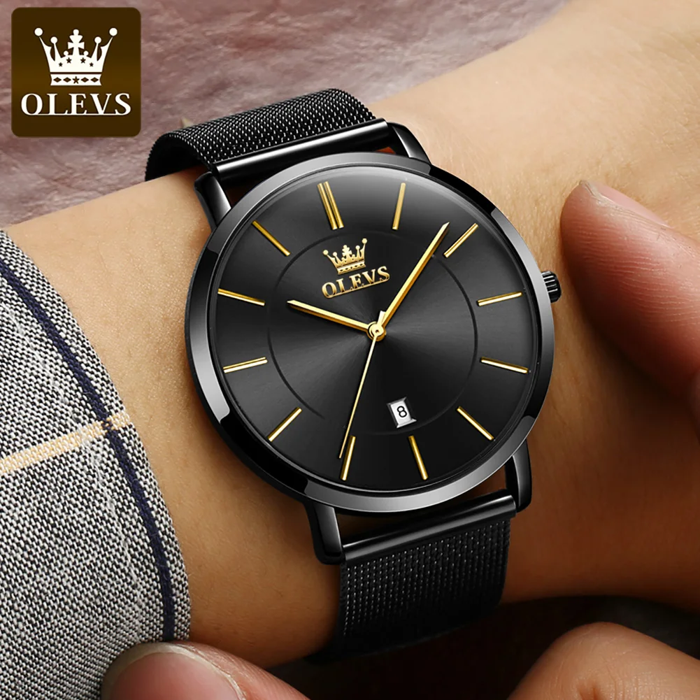 OLEVS 5869 Ultra Thin 6.5mm Quartz Watch for Men Mesh Steel Strap Waterproof Watch Auto Date Fashion Minimalist Men\'s Wristwatch