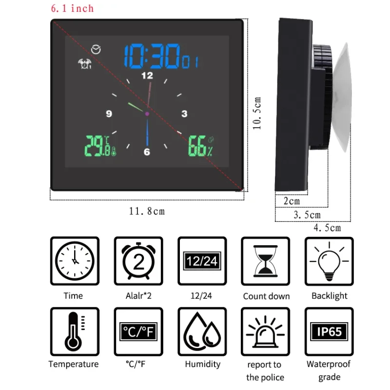 5Color LCD Digital IP65 Waterproof Water Splashes Bathroom Wall Clock Shower Temperature Humidity Kitchen Alarm Clocks Timer