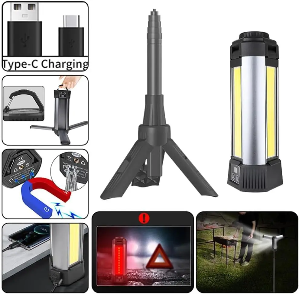 Rechargeable Work Light, Camping Lights Outdoor, LED Cordless Work Lights on Stand with Detachable Tripod Hooks and Carrying Bag