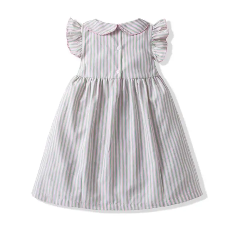 2024 Summer Children Boutique Dress Baby Girls Smocked Embroidery Dresses Flare Sleeve Peter Pan Collar Clothes Kids Vestidos