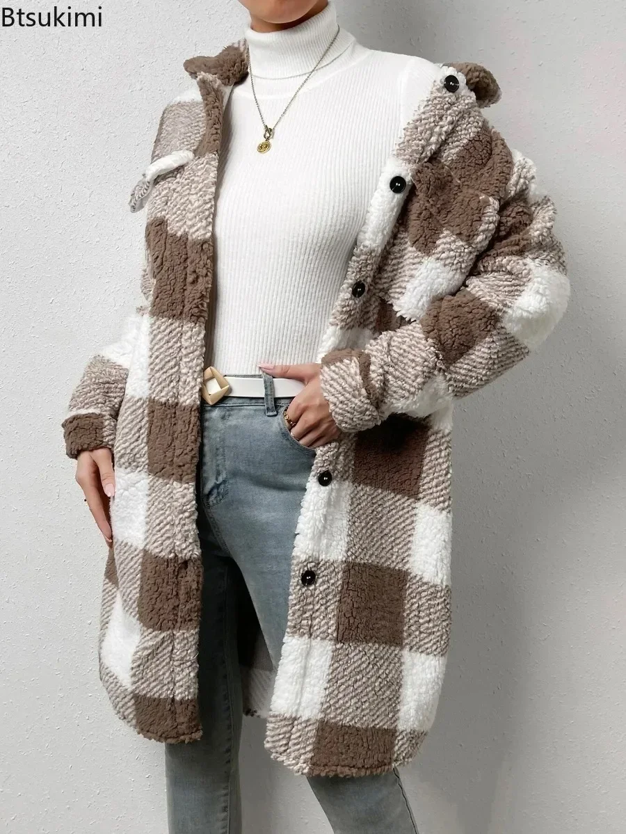 2024 Women\'s Thick Warm Jackets Coats Autumn Winter Elegant Open Button Lapel Plush Plaid Loose Temperament Commuter Long Coat