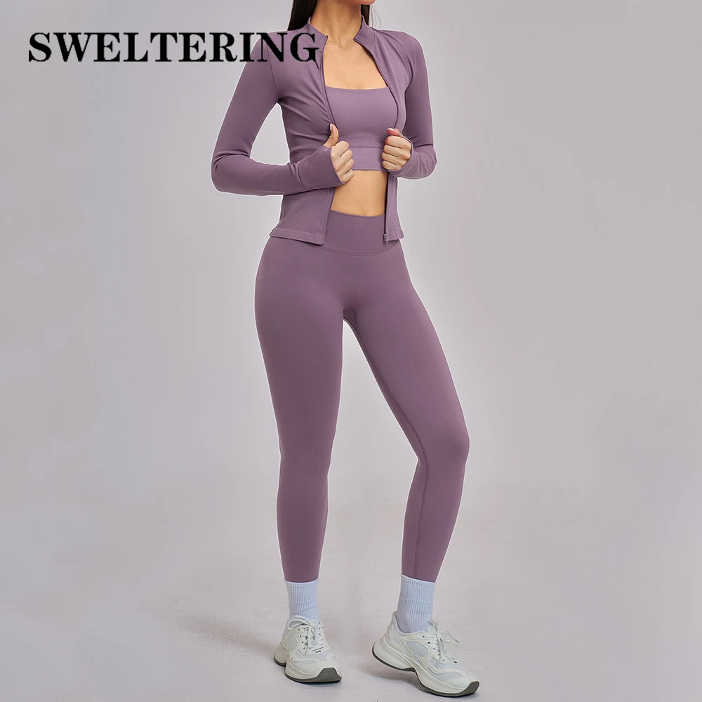 

Комплект из 3 предметов: женские бесшовные спортивные костюмы для йоги, тренировочные комплекты, одежда для фитнеса, женские комплекты с длинными рукавами, спортивная одежда