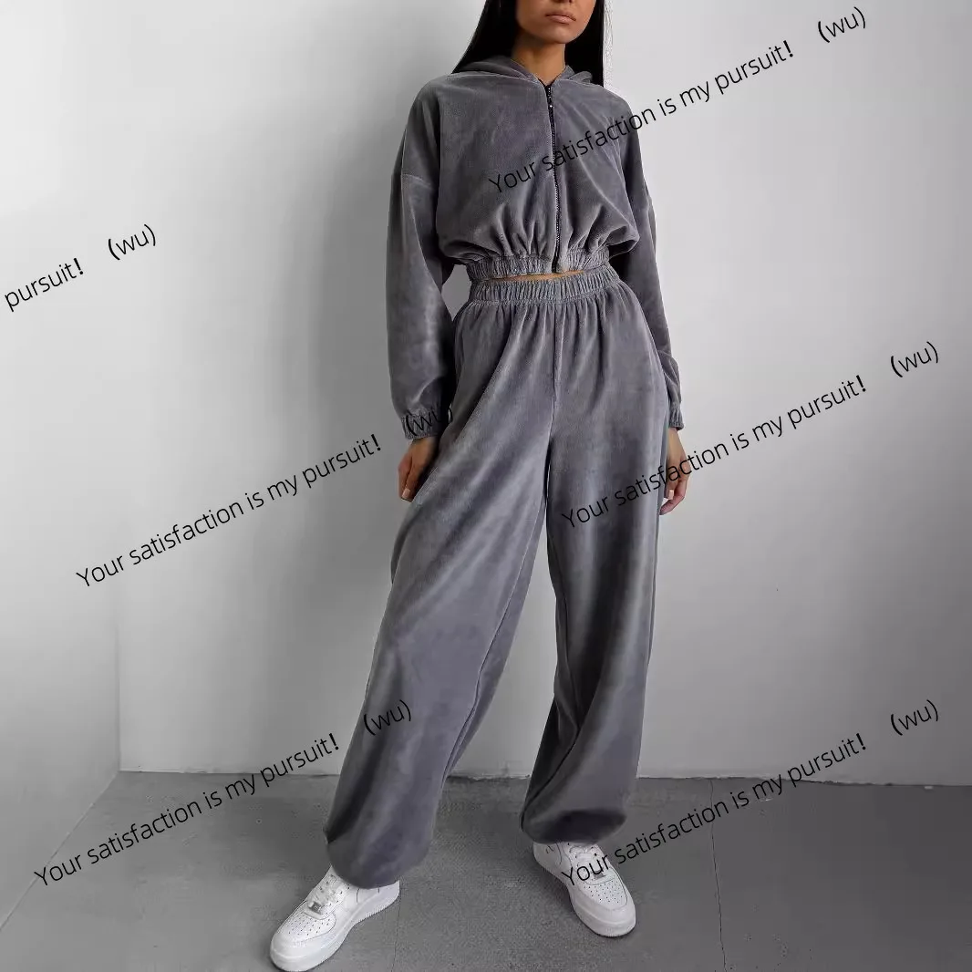 Setelan dua potong sweater wanita baru, model kasual longgar dengan kerah berdiri dan berkerudung