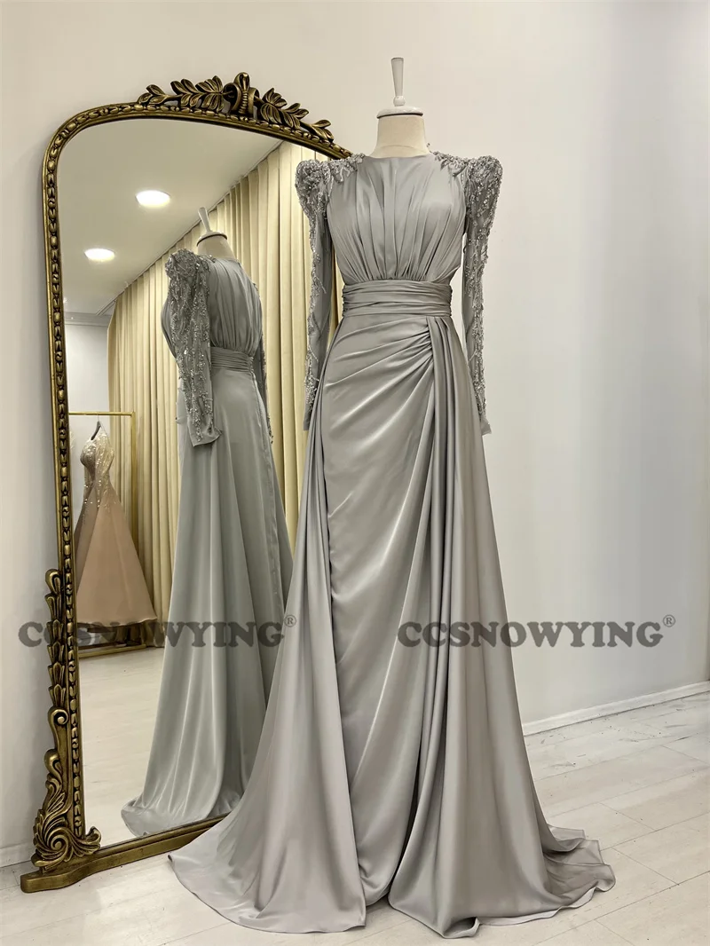 

Long Sleeve Muslim Evening Dresses Satin Beaded O Neck Formal Party Gowns A Line Arabic Dubai Islamic Robe De Soiree