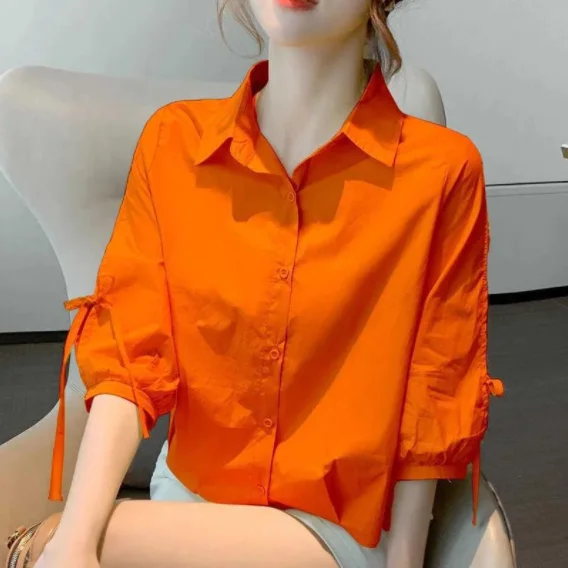 

Summer New Oversized Korean Style Solid Simple Buttons Shirt Top Women Half Sleeve Bow All-match Cardigan Blouse Female Clothes