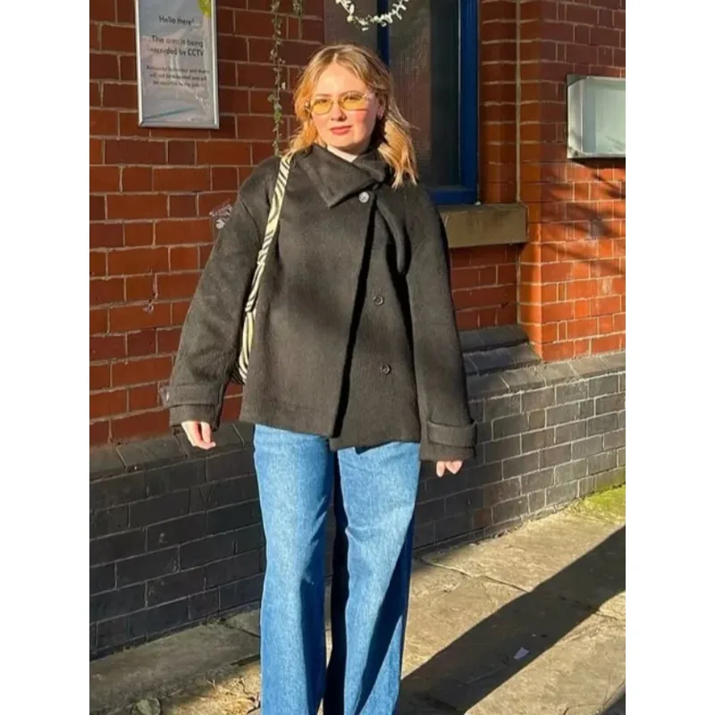 

Women Fashion Solid Woolen Coats Casual High Neck Full Sleeve Single Breasted Loose Cropped Coat Lady Street Leisure Outerwear