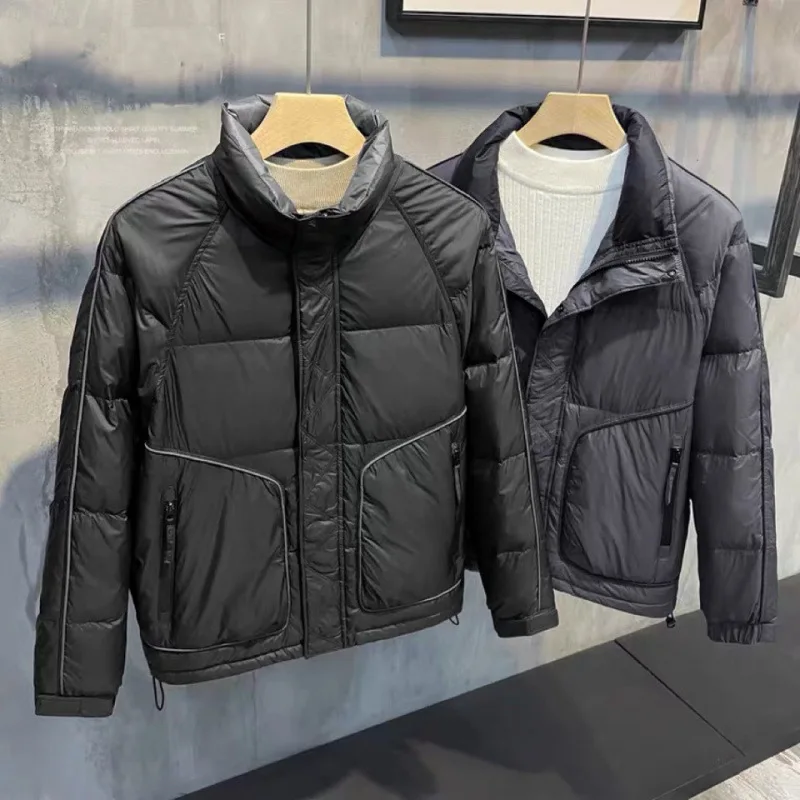 سترة رجالية عصرية قصيرة للأسفل من ريش البط الدافئ مقاومة للرياح وياقة واقفة منتفخة 900 قوة ملء على الطراز الكوري مبطنة سميكة...