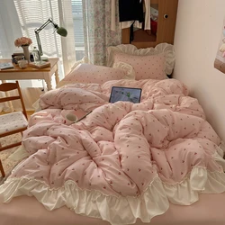 Kawaii Cherry Bedding Sets Ins Girly Cottagecore Ruffles Duvet Cover Fitted Sheet For Girls Woman Home Bedroom Kawaii Bed Linens