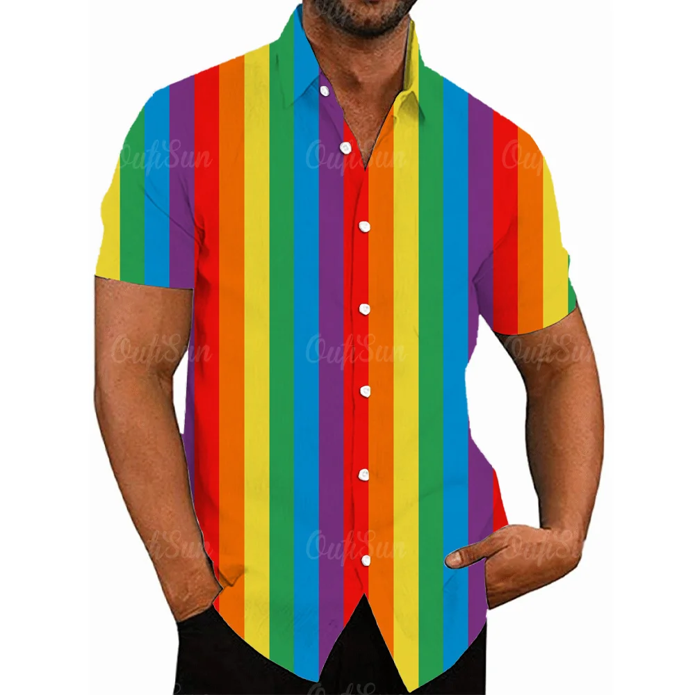 Camisas hawaianas con estampado 3D de arcoíris para hombre, ropa de calle informal de manga corta con botón de solapa, ropa Social Floral Vintage,