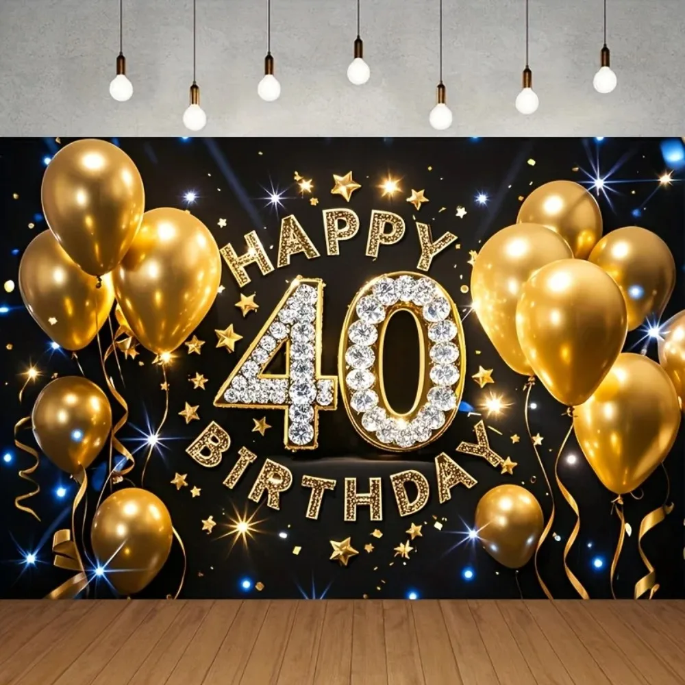Banner für die Feier des 40. Geburtstags, Fotohintergrund mit goldenen Ballons und Sternen, Fotostudio-Hintergrund