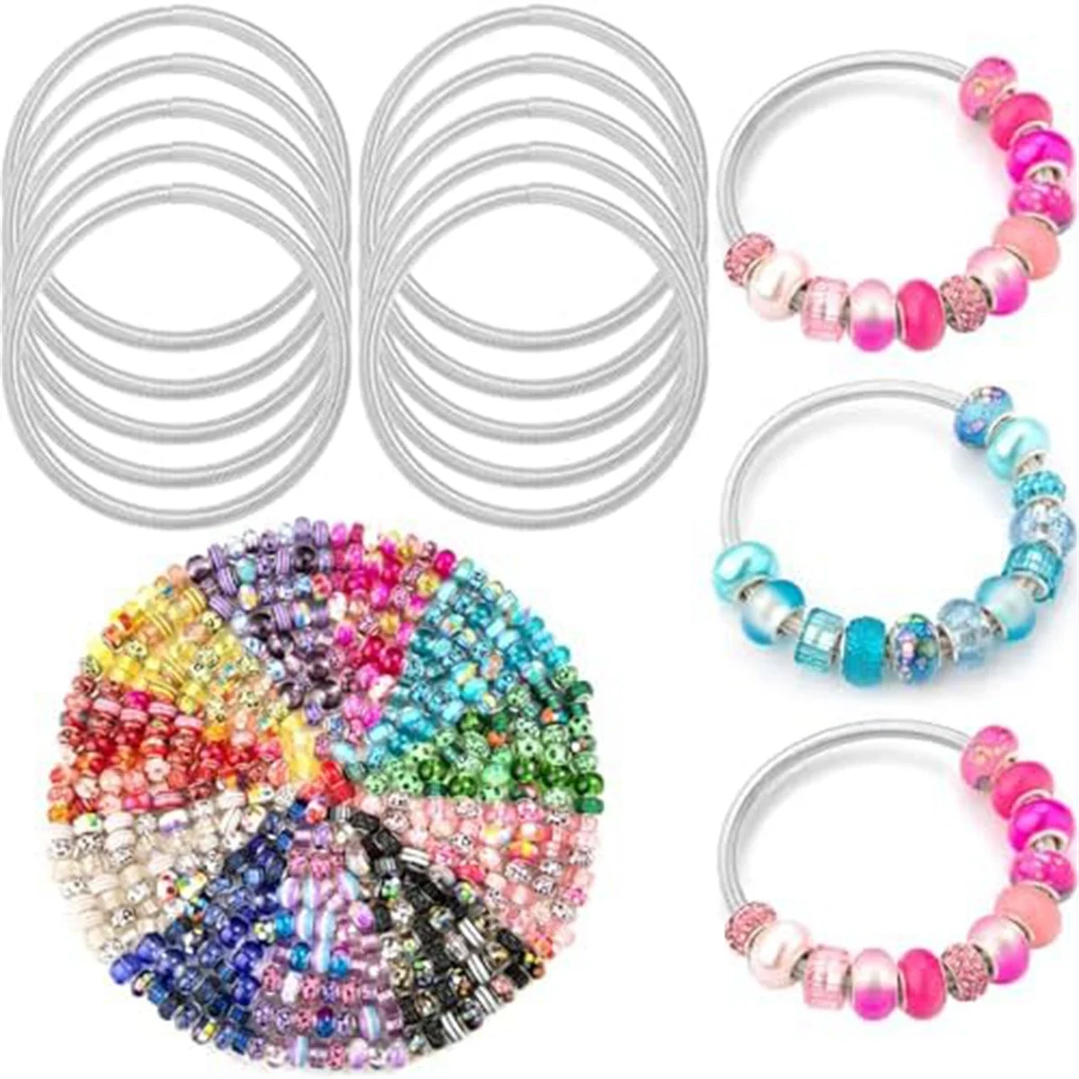 AOA-20Pcs Elastic Charm Bracelets Plus 220PCS Large Hole Spacer Beads, DIY Charm Bracelet for Women Jewelry Birthday Gifts