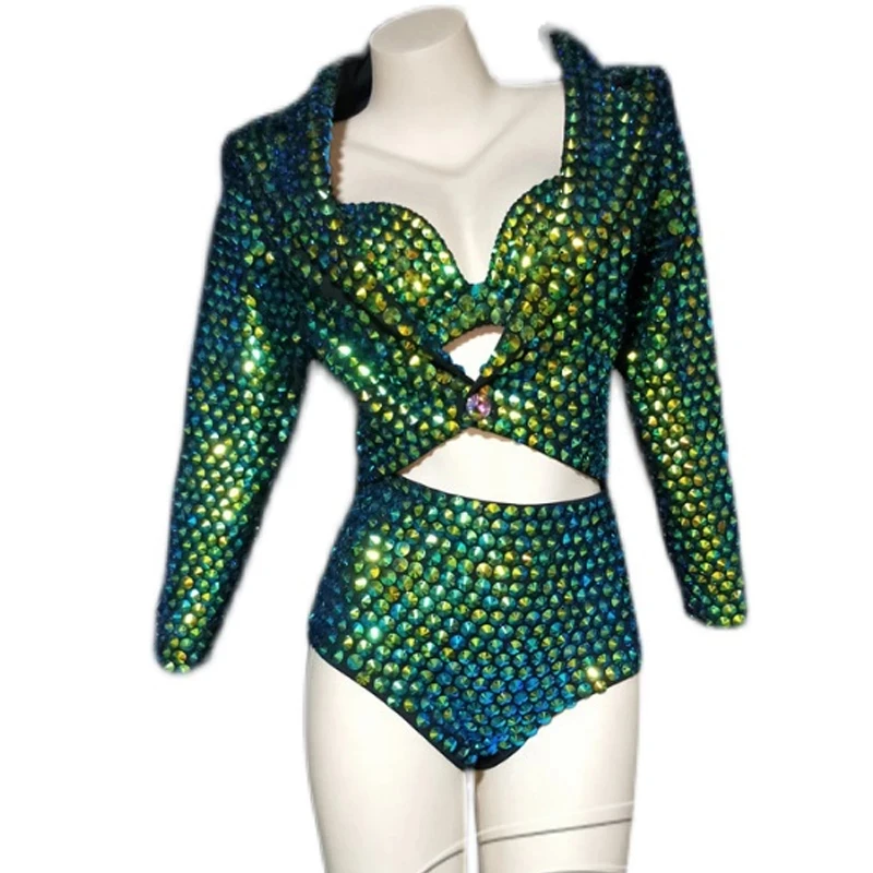 Sparkly Green bikini Coat set Dancer Show Club Dress Green Full Rhinestone Suit Female Singer Host Suit Gogo Costume