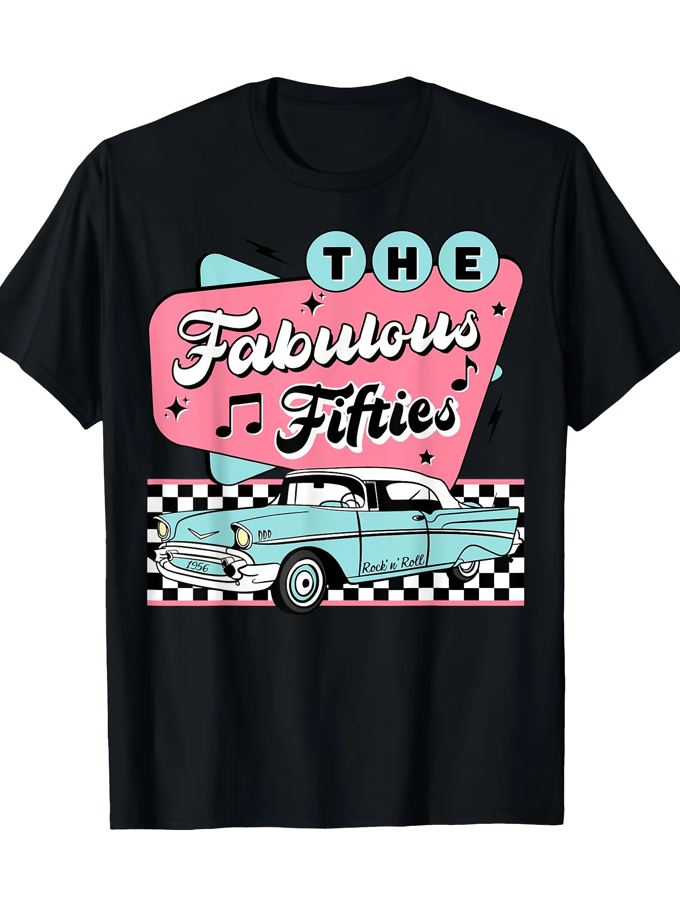 1950s Rockabilly Vintage T-Shirt for Men and Women - The Fabulous Fifties Graphic Tee, 100%, Short Sleeve, Round Neck, Black with Pink & Light Blue Design, Casual Retro Style, Classic Retro Style, Round Neck Short Sleeves, Machine Washable