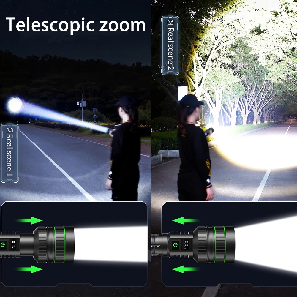 High Power Tactical Torch Most Powerful LED Flashlight Long Shot Zoomable Lantern For Camping Outdoor Built-in 26650 Battery