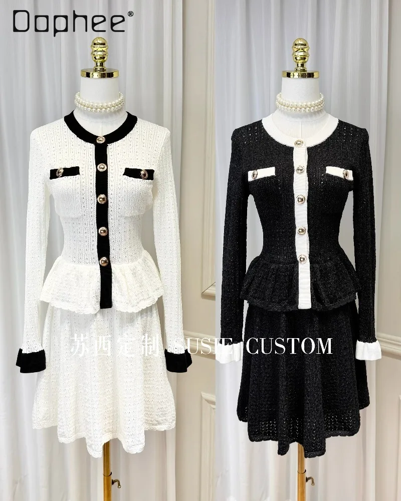 

French Elegant Socialite Dress Evening Dresses Black and White Contrast Color Metal Buckle Ruffled Hollow Slim Knitted Dress