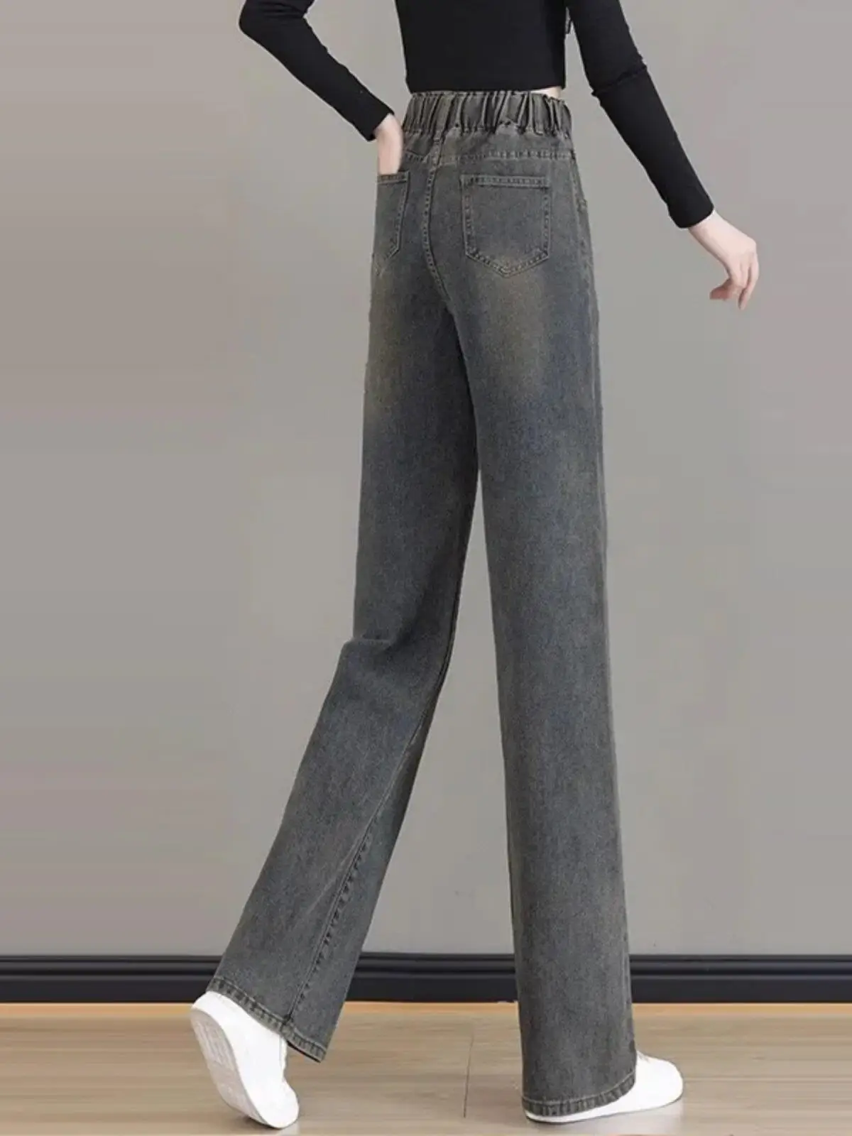 Fleece Lined Thickened Elastic Waist Retro Slim Wide Leg Jeans Women's Autumn Winter New High Waist Loose Straight Long Pants