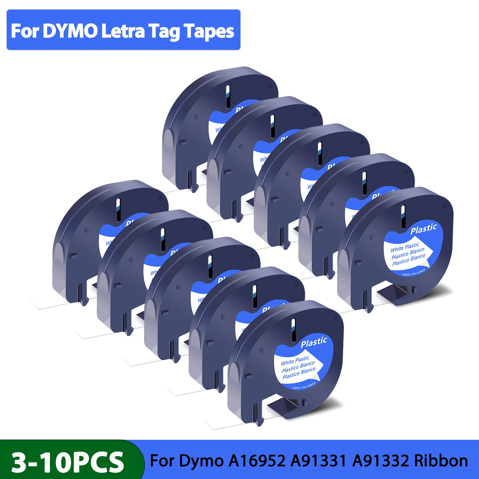 

3-10PK Compatible for DYMO Letra Tag Tapes A91330 A16952 12mm Plastic Label Tape For Dymo LetraTag LetraTag Plus LT100H Priner
