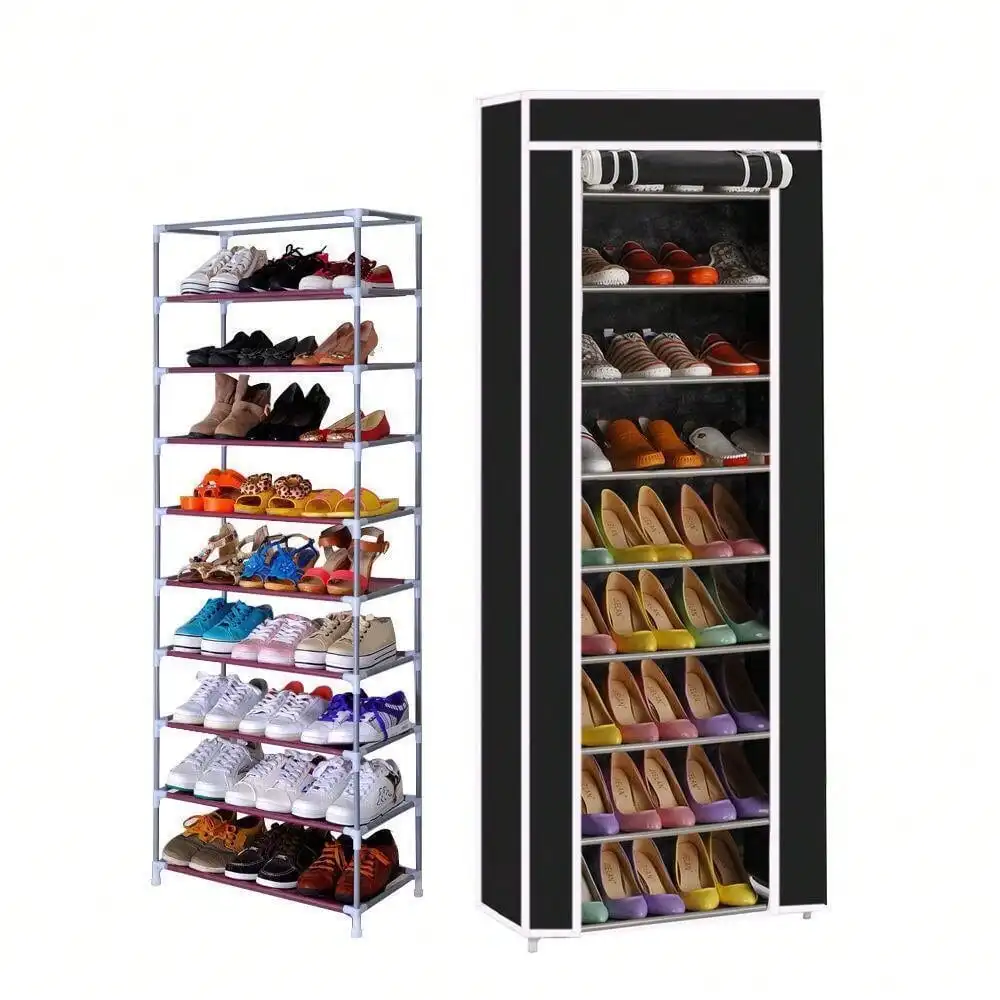 9 Tier 9 Shelf Shoe Rack Shelf Storage Home Organizer Cabinet with Cover Black