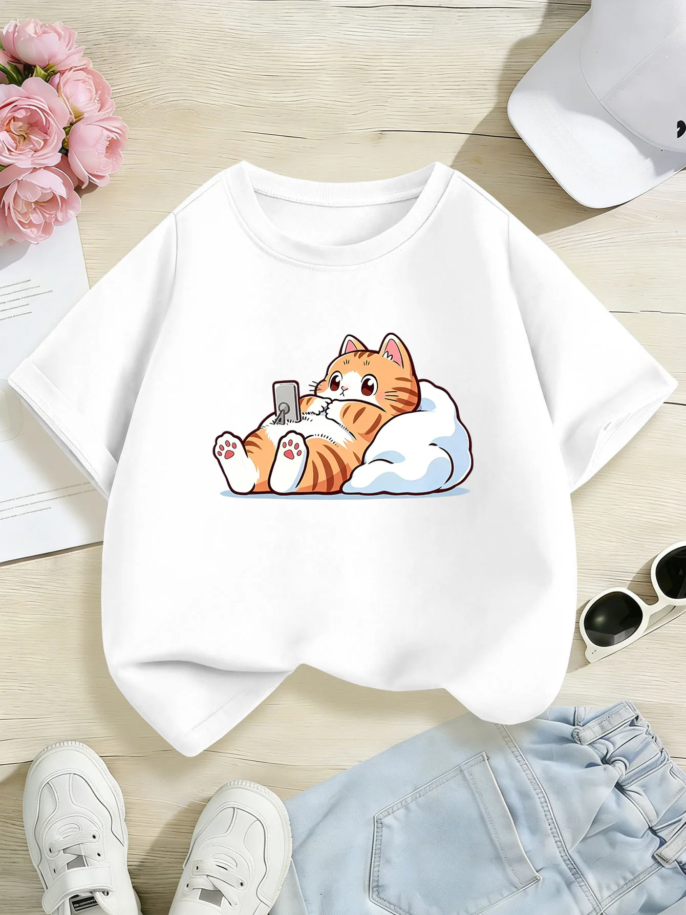 Chubby Orange Cat Playing Phone Cartoon Graphic Kids T Shirt Boys Girls Family Matching Parent Child Summer Crew Neck Casual Tee