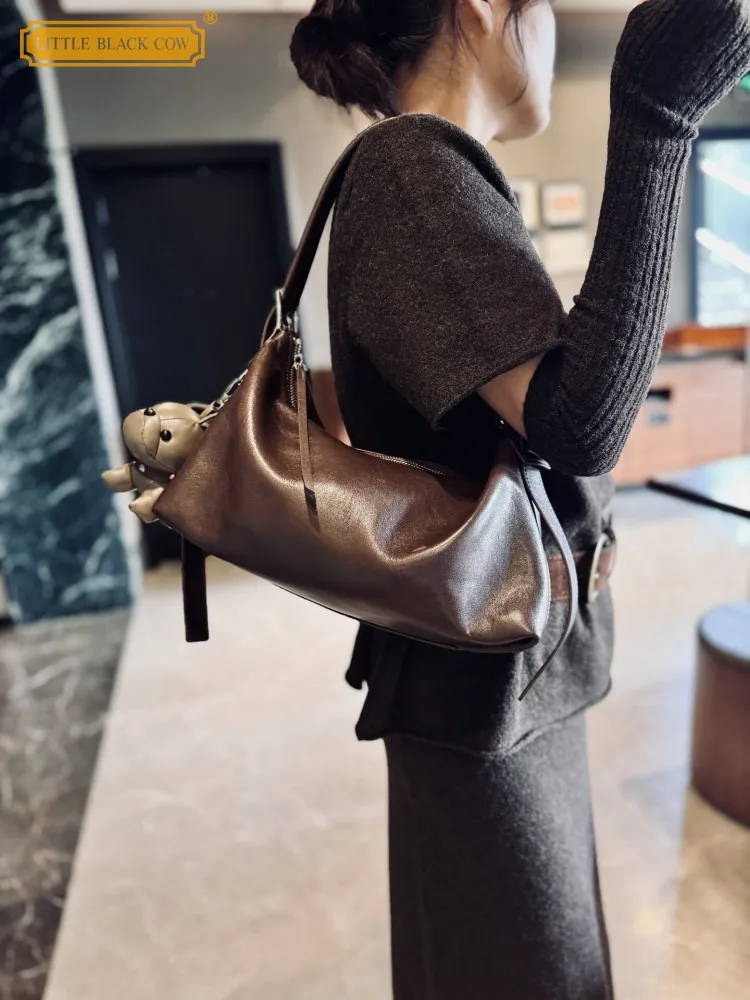 

Elegant Women New British Style Underarm Bag Zipper Cowhide Genuine Leather Office Ladies Work Shoulder Bag Casual Totes Handbag