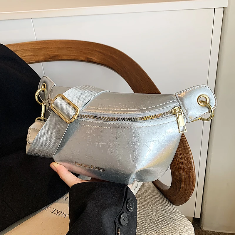 Chain Waist Bag For Women Silver Fanny Pack Quality PU Leather Saddle Crossbody Chest Bag Female Waist Pack Banana Hip Bag Purse