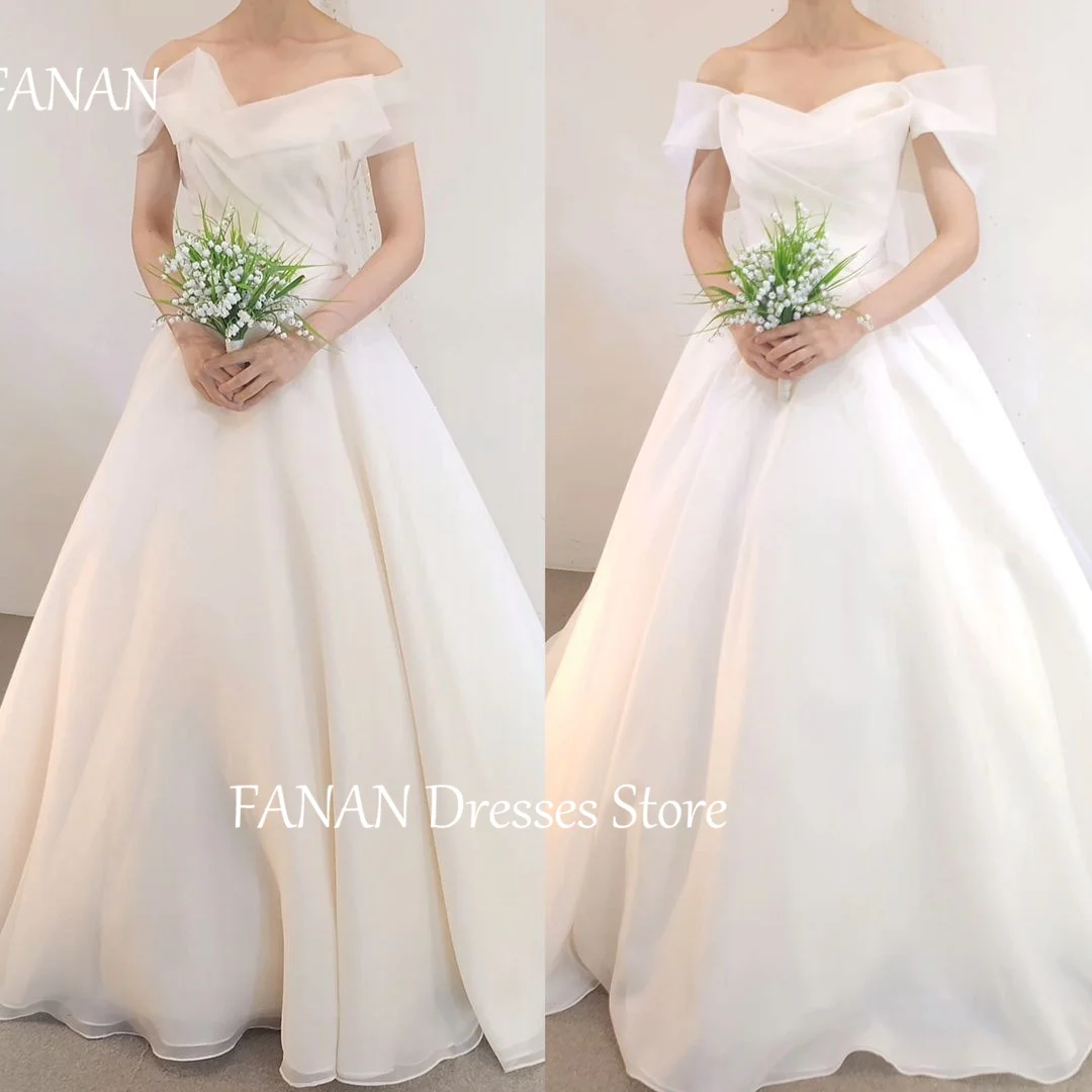 

FANAN Short Sleeves Korea Off Shoulder Ivory Wedding Dresses Organza Backless 웨딩드레스 Ruched Custom Made Bride Gowns Plus Size