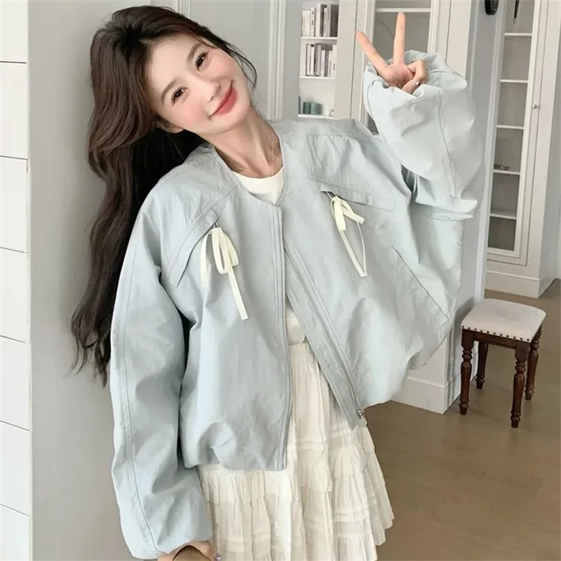 Lace Up Casual Light Blue Short Jacket For Women's Spring And Autumn 2026 New Short And Trendy Jacket Women Jacket Blue